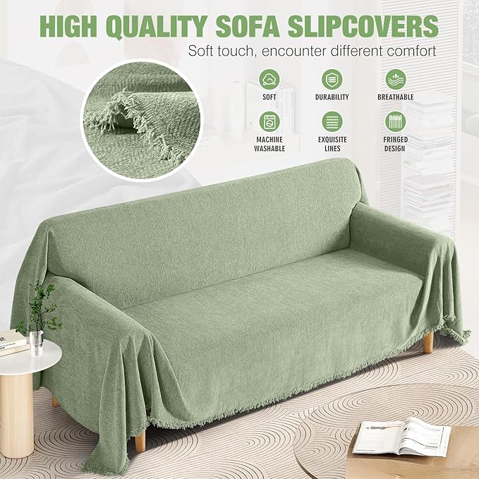 KinCam Couch Covers for 3-4 Cushion Couch Sofa Cover Washable Sectional Couch Cover for Dogs Tassel Sofa Blanket Cover Pet Friendly Soft and Durable for Most Furniture(71" x 150", Light Green)