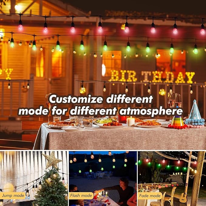 24FT RGB Solar Outdoor String Lights - Dimmable Commercial Patio Lights with 8 Modes, IP65 Waterproof & Remote Control for Garden, Wedding, Cafe