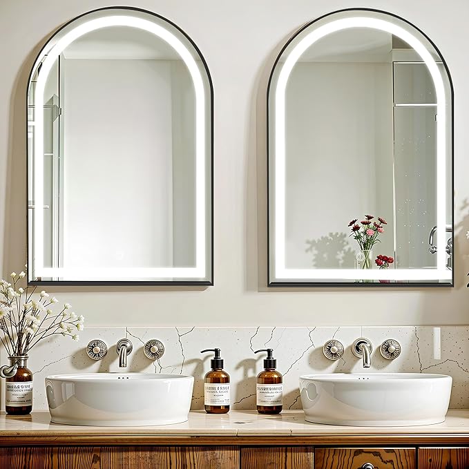 SogesHome Wall Mounted Mirror Medicine Cabinet 36"X24" with LED Light, Arched Vanity Mirror Storage with Shelves, Modern Decro Recessed Mirror Medicine Cabinet for Bathroom, Bedroom, Black