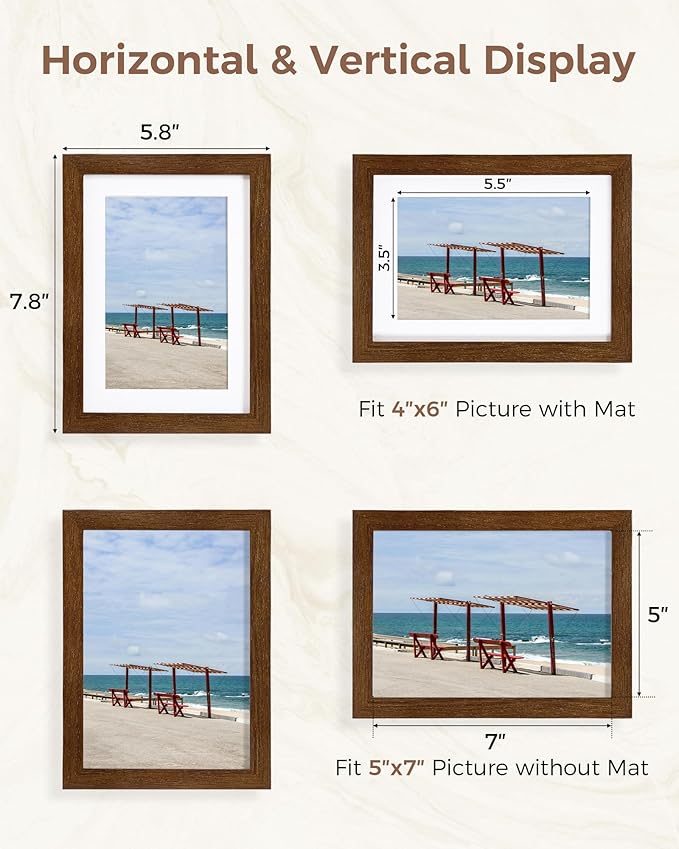 Marsmiles 5x7 Wooden Picture Frame, USA-Sourced Natural Oak Solid Wood Photo Frame with Plexiglass for Display Pictures 4x6 with Mat or 5x7 without Mat, Walnut, 1 Pack