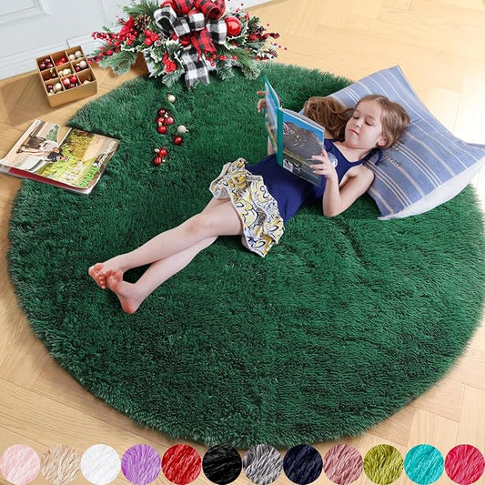 Amdrebio Dark Green Round Rug 6Ft for Living Room Bedroom, Fluffy Thick Floor Circle Area Rugs for Kids Room Decor, Furry Shag Rug for Baby Nursery, Teens Dorm, Fuzzy Plush Cool Emerald Green Carpet