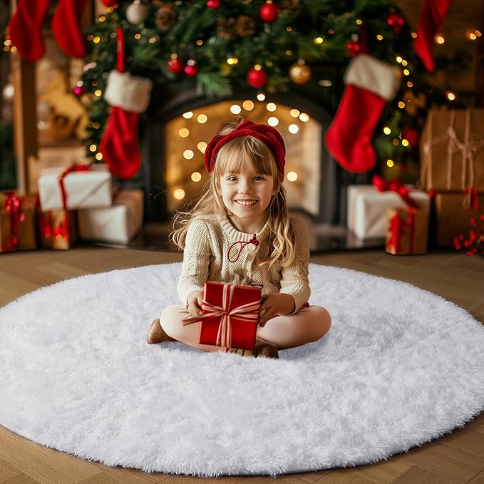 Round Rugs 5Ft White Circle Area Rug, Fluffy Fuzzy Bedroom Carpets for Kids Playroom Home Decor Aesthetic, Plush Soft Shaggy Living Room Rugs for Nursery Dorm Classroom, Modern Cute Shag Furry Carpet