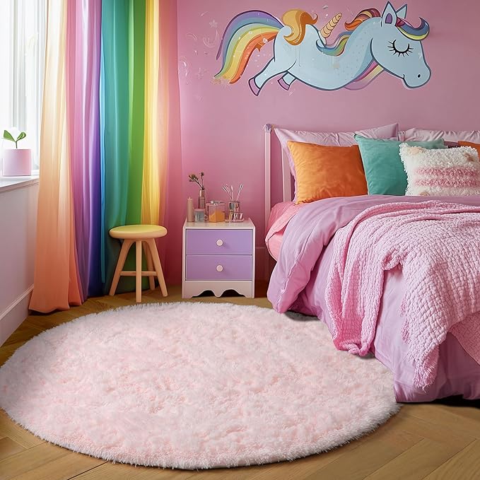 Pink Fluffy Round Rug 5Ft for Girls Bedroom Decor Aesthetic, Shaggy Circle Area Rugs for Kids Room Living Room, Cute Fuzzy Carpet for Nursery, Dorm, Classroom, Teen, Princess, Comfy Baby Playroom Rug