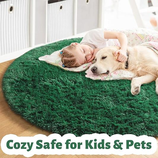 Amdrebio Dark Green Fluffy Round Rugs 5Ft for Bedroom, Thick Floor Circle Rug for Kids, Teens Room Decor, Furry Shag Area Rug for Living Room, Baby Nursery, Dorm, Fuzzy Plush Fur Emerald Green Carpet