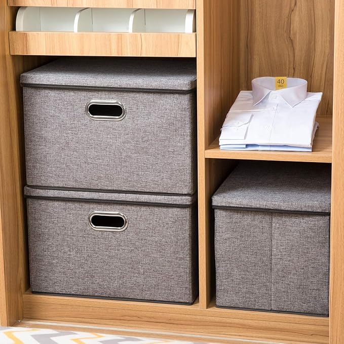 PRANDOM Large Collapsible Storage Bins with Lids [3-Pack] Linen Fabric Foldable Storage Boxes Organizer Containers Baskets Cube with Cover for Home Bedroom Closet Office Nursery (17.7x11.8x11.8)