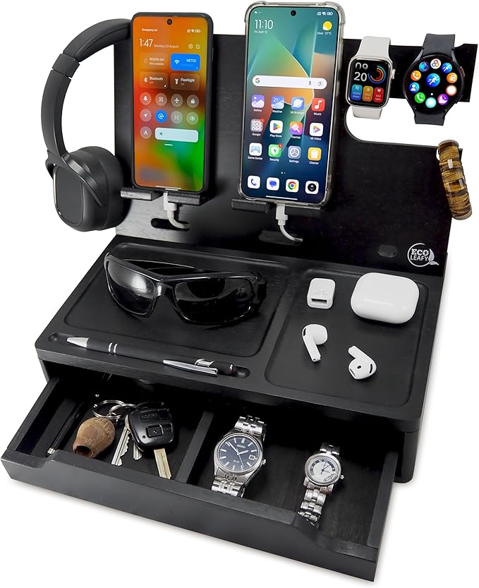 Nightstand Organizer with Drawer- Wood Phone Docking Station- Desk Organizer for Two Phones or Tablet, Watches, Headphone & Accessories- Unique Gifts for Men, Dad or Son (Black)