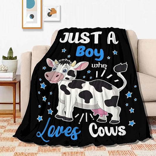 Just A Boy Who Loves Cows Blanket Soft Blankets and Throws Flannel Cozy Lightweight Quilt Gift Perfect for Bed Sofa Couch-60 x50 Medium for Teen