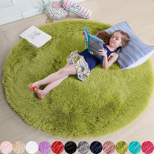 Amdrebio Grass Green Round Area Rug 7Ft for Living Room Bedroom Decor Aesthetic, Large Fluffy Shaggy Fuzzy Circle Rugs for Baby Nursery Kids Playroom, Big Soft Shag Floor Circular Modern Cool Carpet