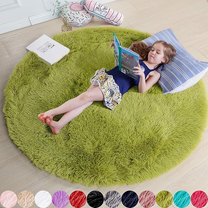 Grass Green Round Rug 4Ft for Bedroom, Fluffy Shag Circle Area Rugs for Kids Room Classroom Nursery, Cool Living Room Decor Aesthetic, Cute Fuzzy Moss Floor Carpet for Preppy Dorm Apartment, Circular