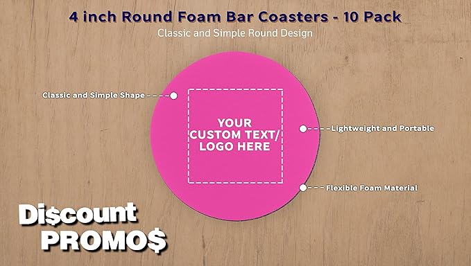 10 Round Foam Bud Coasters Pack, 4 inch - Customizable Text, Logo - PU Foam, Party Favor - Neon Pink