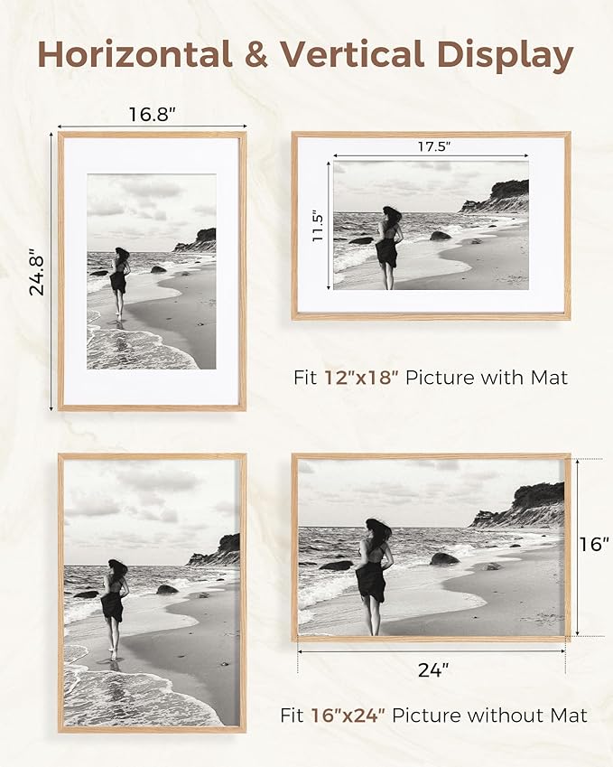 Marsmiles 16x24 Wooden Picture Frame, USA-Sourced Natural Oak Solid Wood Photo Frame with Real Glass for Display Pictures 12x18 with Mat or 16x24 without Mat, Natural, 2 Pack