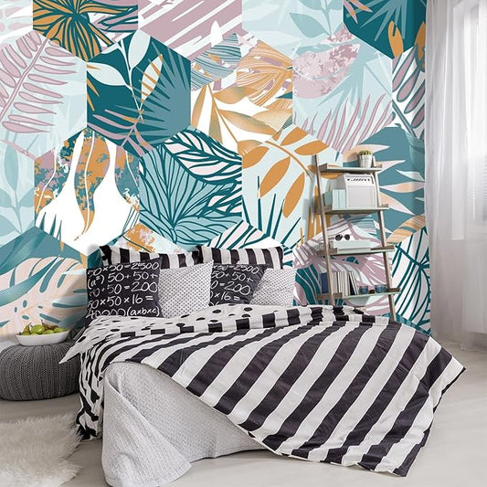 -Abstract Geometry Botanical Banana Leaf Fabric Wallpaper Living Room Bedroom Bathroom Tropical Plant Leaf Large Wall Mural- 183"x120"（ not Peel and Stick）