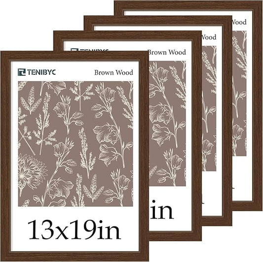 13x19 Picture Frame Set of 4, Textured Brown Wood & HD Tempered Glass, 19x13 Frame Display Posters, Photos and Puzzles, Wall Hanging