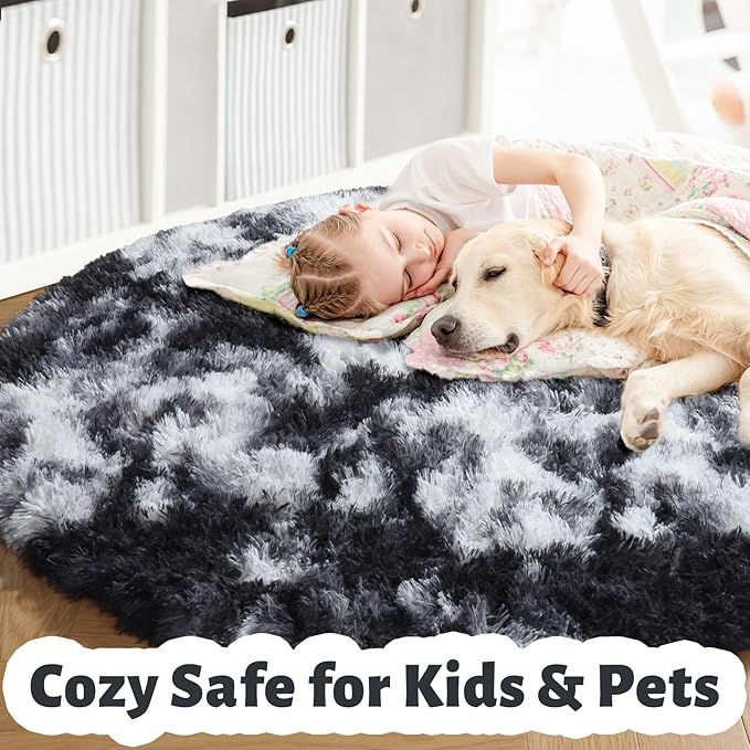 Amdrebio Black White Grey Circle Rug 6Ft Round Area Rugs for Living Room Bedroom, Fluffy Fuzzy Shaggy Furry Rugs for Home Office Kids Room Dorm, Plush Modern Cool Floor Shag Carpet for Men Teen Boys