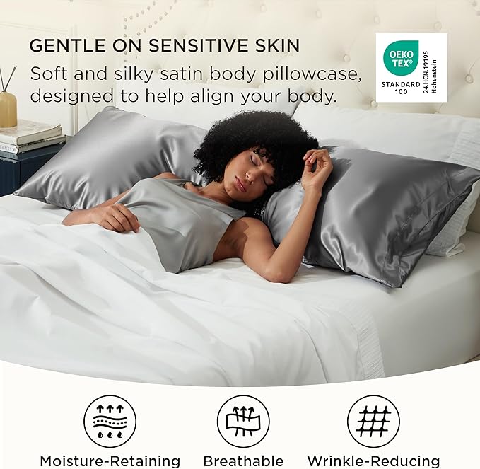 Bedsure Body Pillow Cover 20x54 Inches - Dark Grey Satin Similar to Silk Pillowcase for Hair and Skin, Cooling and Silky Long Body Pillow Case Cover with Envelope Closure, Gifts for Women Men