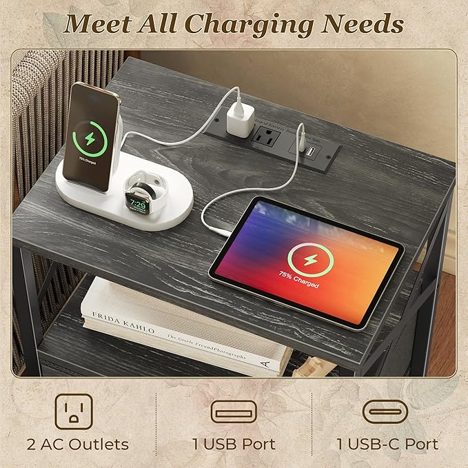 Huuger Nightstands Set of 2, Night Stand with Charger Station, 2 Drawer Side Table with Open Shelf, USB-C Port, End Table for Small Spaces, X Shaped Side Rail, Charcoal Black