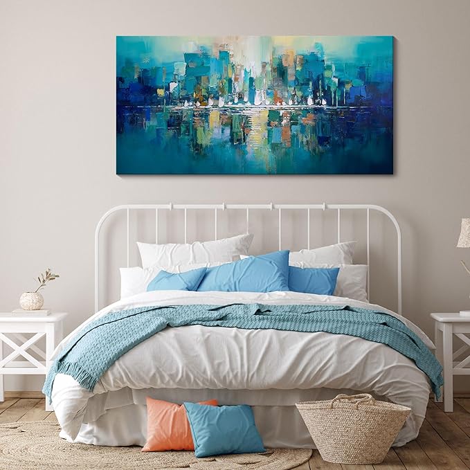 YDYSUNE Abstract Wall Art - Teal Canvas Wall Decor City Picture,Large Modern Artwork for Living Room Bedroom Office Decoration Green Home Decor Painting Size 24X48inch