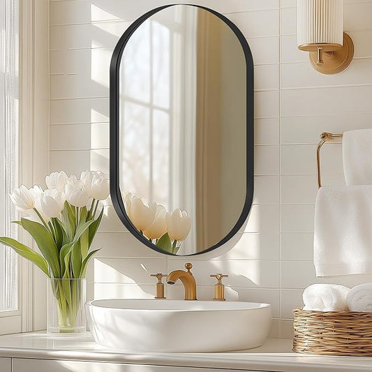 SogesHome Medicine Cabinet with Mirror, 21x34 Oval Mirror Cabinet, Wall Mount Recess Bathroom Vanity Mirror with Storage with 2 Shelves, Perfect for Bathroom, Black