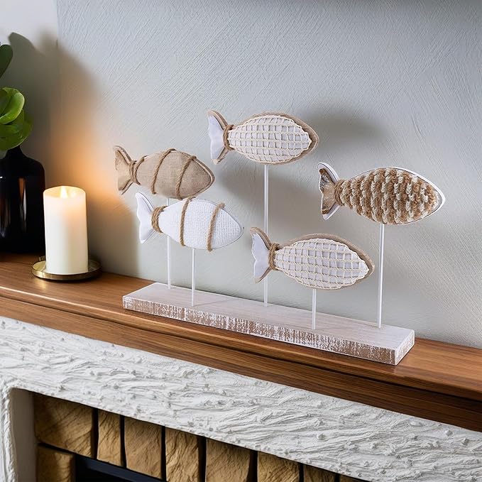 Wooden Fish Figurines with Jute Rope and Cotton String, Fish Sculpture Statues for Home Decoration, Table Top Nautical Decor for Living Room, Bedroom, Beachhouse Home Decor (JuteFish-5)
