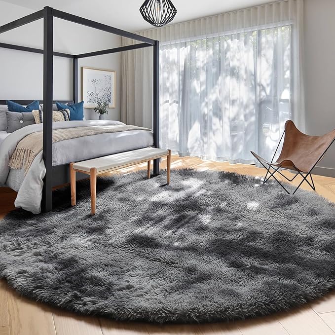 Amdrebio Tie-Dyed Dark Grey Round Area Rugs for Living Room, 7x7 Rug, Soft Thick Large Circle Rug for Bedroom, Big Shag Fluffy Plush Carpet for Mens Boys Kids Room, Modern Cool Furry Circular Rug