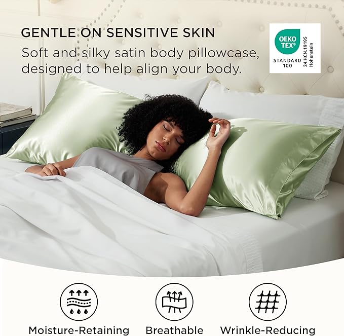 Bedsure Body Pillow Cover 20x54 Inches - Sage Green Satin Similar to Silk Pillowcase for Hair and Skin, Cooling and Silky Long Body Pillow Pillowcase with Envelope Closure, Gifts for Women Men