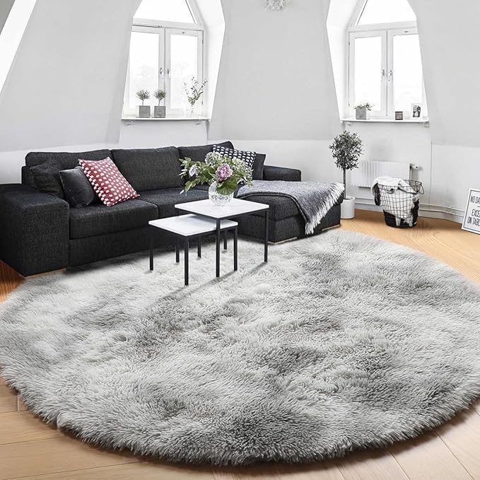 Amdrebio Tie-Dyed Light Grey Round Rugs for Living Room, 8x8 Rug, Extra Large Circle Area Rug for Bedroom, Soft Fluffy Carpet, Modern Floor Circular Rug, Big Shaggy Farmhouse Rug for Apartment