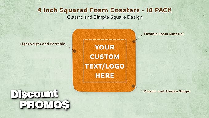 10 Squared Foam Coasters Pack, 4 inch - Customizable Text, Logo - PU Foam, Foldable - Neon Orange