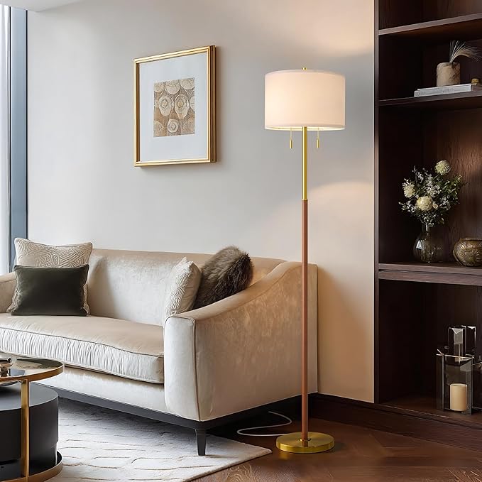 61" Wood Floor Lamp 2-Light for Living Room Standing Tall Lamps Mid Century Modern Floor Lamps for Bedroom Office Nursery Corner Industrial Reading Room Lamp, 3 Color Temperatures 9W Bulbs Included