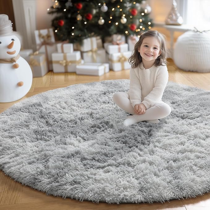 Amdrebio Tie-Dye Light Grey Round Circle Area Rugs 5Ft for Living Room Bedroom, Soft Fluffy Fuzzy Shag Rug for Kids Room Home Office, Furry Plush Indoor Floor Shaggy Gray Carpet for Baby Nursery Dorm