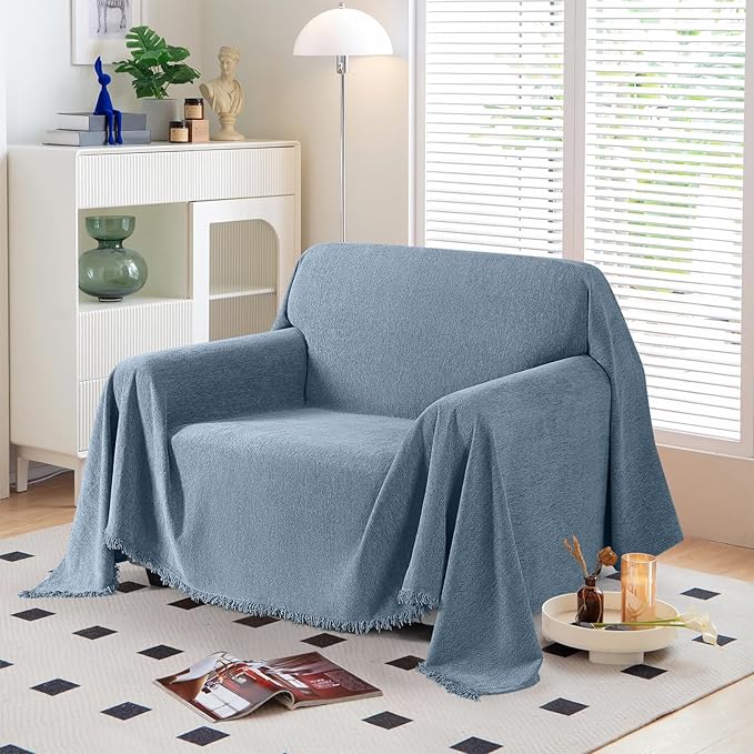 KinCam Couch Covers Washable Oversized Chair Cover Armchair Cover for Dogs Tassel Recliner Chair Sofa Cover Blanket Pet Friendly Soft and Durable for Most Furniture (71" x 71", Blue)
