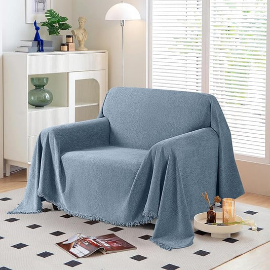 KinCam Couch Covers Washable Oversized Chair Cover Armchair Cover for Dogs Tassel Recliner Chair Sofa Cover Blanket Pet Friendly Soft and Durable for Most Furniture (71" x 71", Blue)