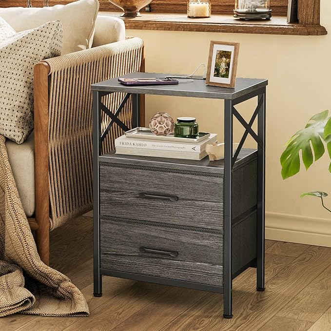 Huuger Nightstands Set of 2, Night Stand with Charger Station, 2 Drawer Side Table with Open Shelf, USB-C Port, End Table for Small Spaces, X Shaped Side Rail, Grey