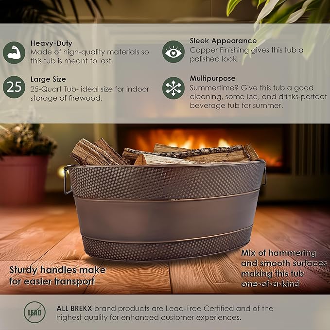 BREKX Copper Galvanized Tub for Indoor Firewood Storage Rack Log Holder - 25QT Heavy-Duty Portable Tub with Handles -Multi-Use for Planters, Blankets for Living Room, Etc