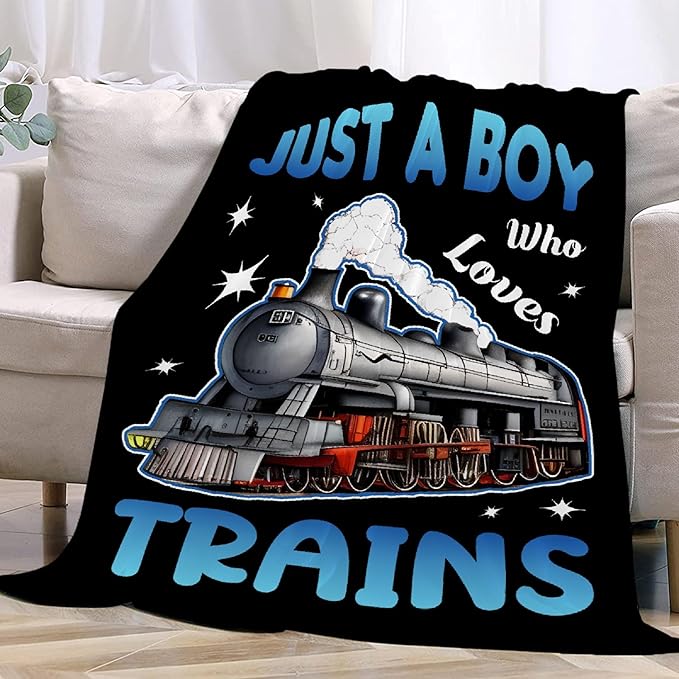 Boy Who Loves Trains Blanket Soft Blankets and Throws Flannel Cozy Lightweight Quilt Gift for Train Lovers for Bed Sofa Couch-60x50 Inches