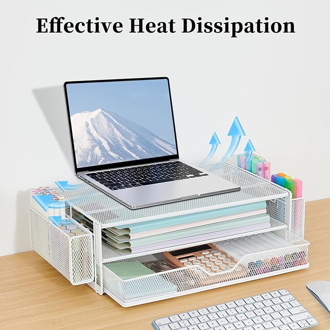 AUPSEN Computer Monitor Stands Riser，2-Tier Desk Organizers and Accessories, Office Desk Accessories Organizer with Drawers and 2 Pen Holder for Office Supplies (White)