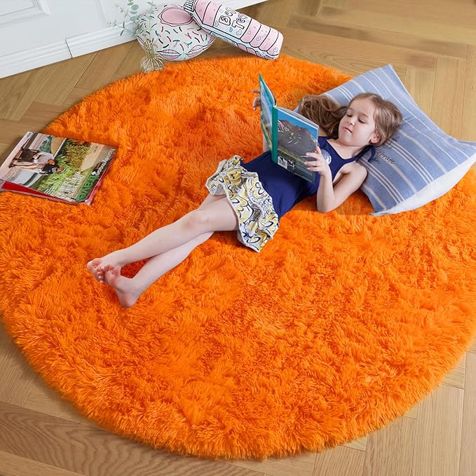 Amdrebio Orange Round Circle Rug 5Ft for Bedroom Living Room, Fluffy Fuzzy Shaggy Area Rugs for Kids Room Decor Aesthetic, Cute Furry Plush Shag Carpet for Baby Nursery Dorm Playroom, Teen Girls Boys