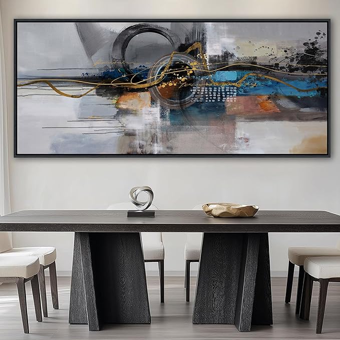 XLSJERST Large Abstract Frame Wall Art - Black and Blue Cnavas Framed Artwork for Walls Modern Minimalist Boho Gray Pictures Wall Decor for Living Room Bedroom Office Home Decoration 86x39 Inches