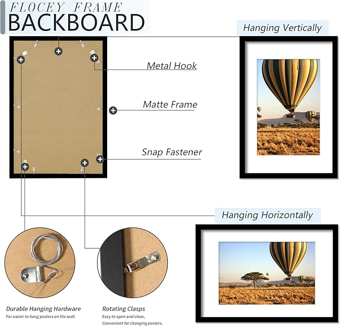 16x24 Picture Frame Set of 5, Black Poster Frame, Display Pictures 12 x 18 with Mat or 16x 24 Without Mat for Horizontal or Vertical Wall Mounting, Wall Gallery Frame for Artwork