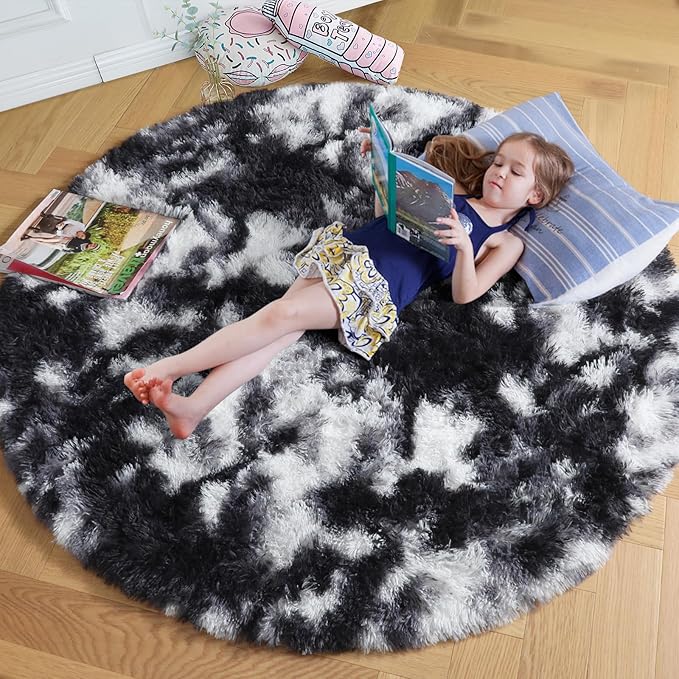 Amdrebio Black White Grey Circle Rug 6Ft Round Area Rugs for Living Room Bedroom, Fluffy Fuzzy Shaggy Furry Rugs for Home Office Kids Room Dorm, Plush Modern Cool Floor Shag Carpet for Men Teen Boys
