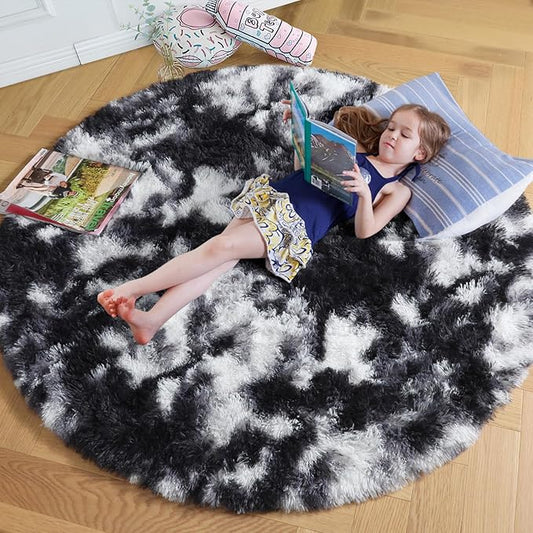 Amdrebio Black White Grey Circle Rug 6Ft Round Area Rugs for Living Room Bedroom, Fluffy Fuzzy Shaggy Furry Rugs for Home Office Kids Room Dorm, Plush Modern Cool Floor Shag Carpet for Men Teen Boys
