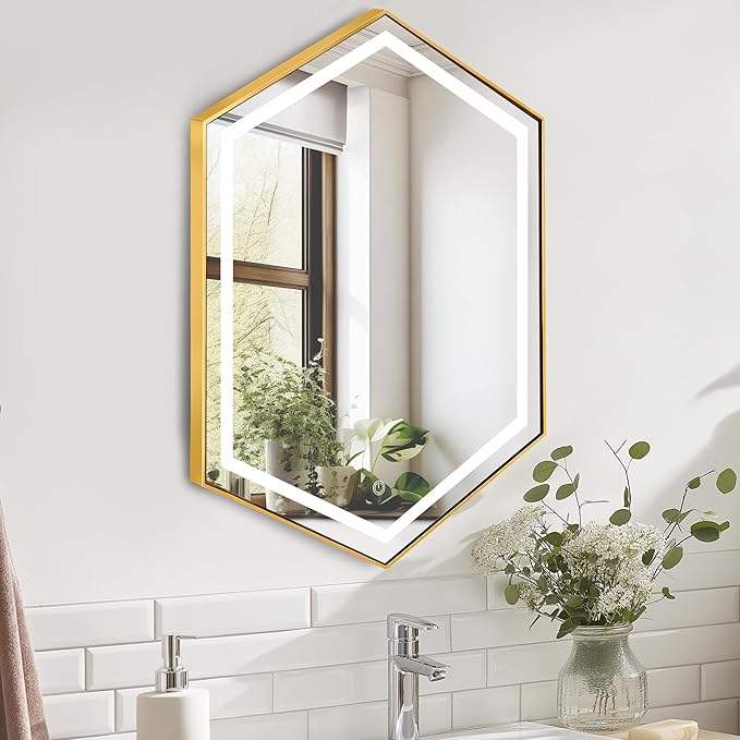 SogesHome Mirror Medicine Cabinet with 3-Color LED Lights, Hexagon Vanity Mirror Storage with 3-Tier Cabinet, Stainless Steel Frame and 2 Shelves for Bathroom, Bedroom, Entryway, Gold