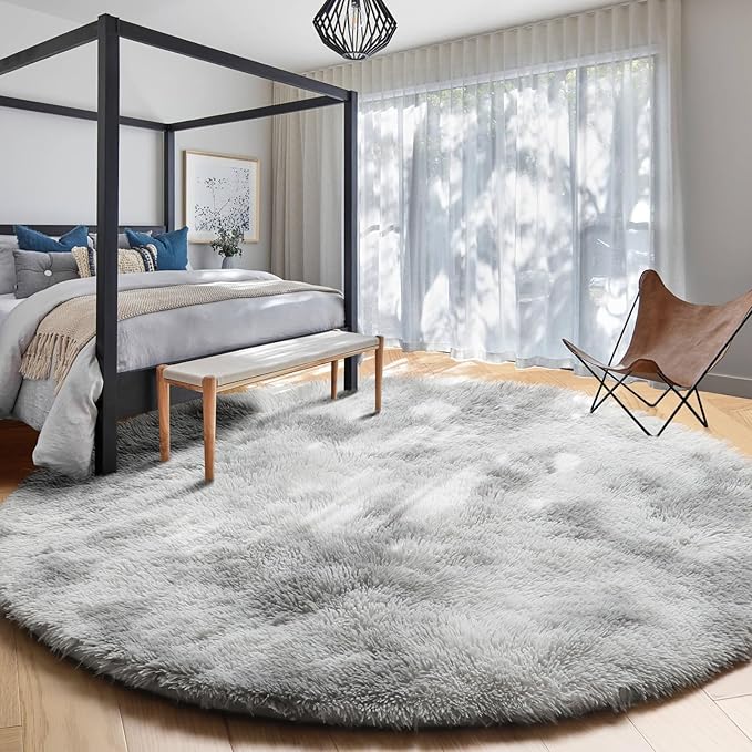 Amdrebio Tie-Dyed Light Grey Round Rugs for Living Room, 8x8 Rug, Extra Large Circle Area Rug for Bedroom, Soft Fluffy Carpet, Modern Floor Circular Rug, Big Shaggy Farmhouse Rug for Apartment