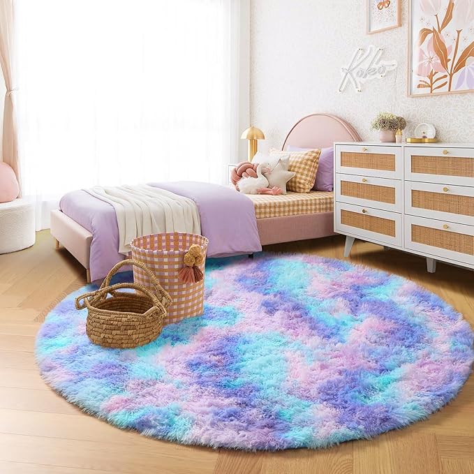 Amdrebio Purple Rainbow Round Area Rug 7Ft for Girls Bedroom Living Room Decor, Mermaid Stitch Frozen Kids Rugs for Playroom Nursery Classroom, Fluffy Fuzzy Cute Plush Carpet, Large Big Circle Rug