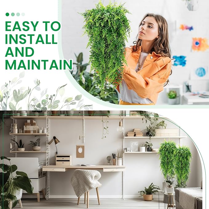Geosar 96 Pcs Artificial Hanging Plants 32 Inch Hanging Boston Ferns Plastic Fake Plants for Wall Room Garden Wedding Garland Indoor Outdoor Decoration, No Basket