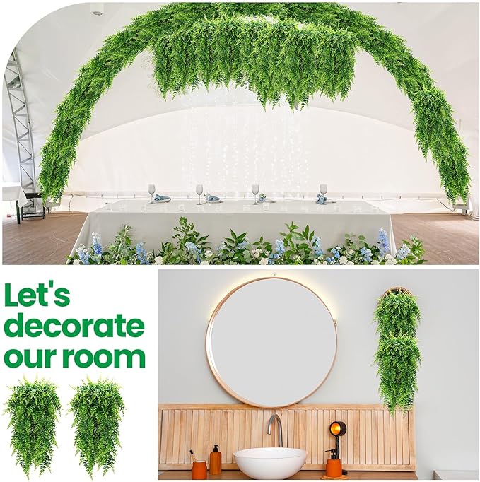 Geosar 20 Pcs Artificial Hanging Plants 32 Inch Hanging Boston Ferns Plastic Fake Plants for Wall Room Garden Wedding Garland Indoor Outdoor Decoration, No Basket