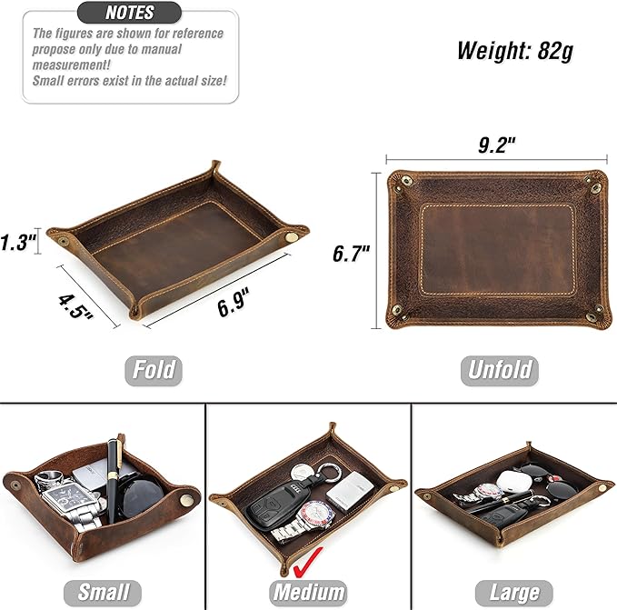 Top Grain Leather Desk Valet Tray Organizer for Man & Woman, Handmade Vintage Design, Foldable Design with Snap Buttons, Desk Organizer for Wallets/Watches/Keys/Coins/Office Supplies, Coffee, Medium