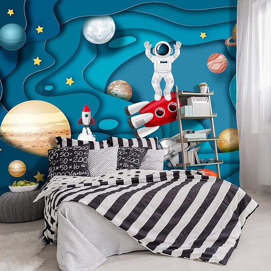-Kindergarten Children Galactic Planet Fabric Wallpaper Living Room Bedroom Boys Girls Children Cartoon Astronauts Large Mural- 160"x108"（ not Peel and Stick）