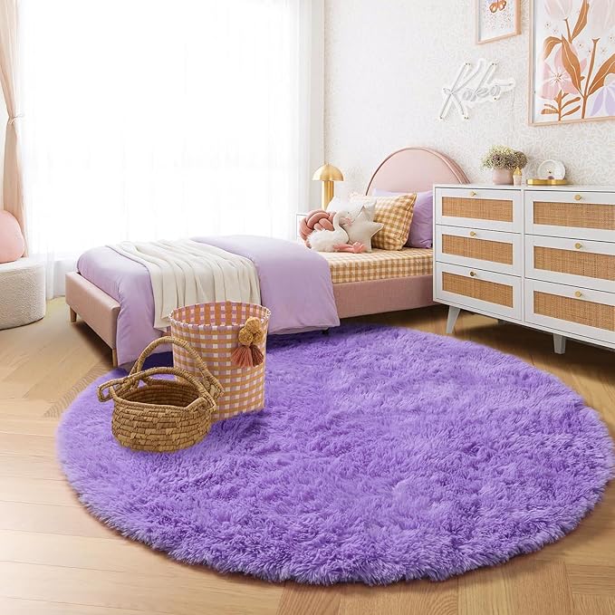 Amdrebio Purple Round Circle Rugs 6Ft for Girls Bedroom Decor Aesthetic, Large Fluffy Fuzzy Area Rugs for Kids Room, Soft Cute Furry Plush Shaggy Lavender Carpet for Living Room, Baby Nursery, Dorm