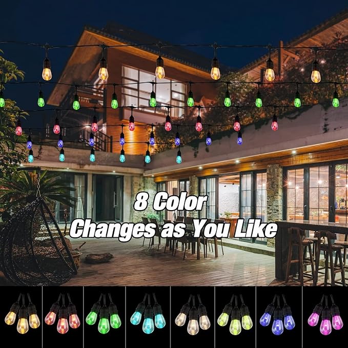 24FT RGB Solar Outdoor String Lights - Dimmable Commercial Patio Lights with 8 Modes, IP65 Waterproof & Remote Control for Garden, Wedding, Cafe