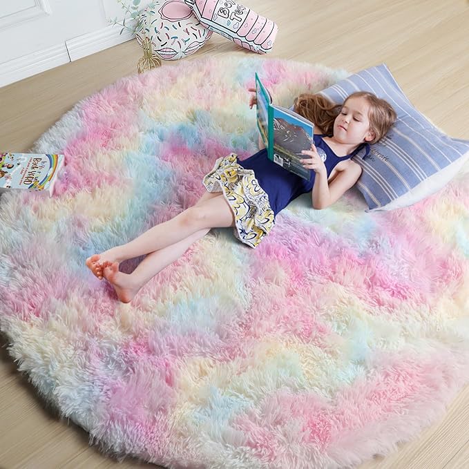 Amdrebio Rainbow Fluffy Round Rug 7Ft Kids Rugs for Girls Bedroom, Unicorn Room Decor, Colorful Pastel Big Large Carpet for Baby Nursery Playroom, Cute Shaggy Kawaii Circle Area Rug for Teen Princess